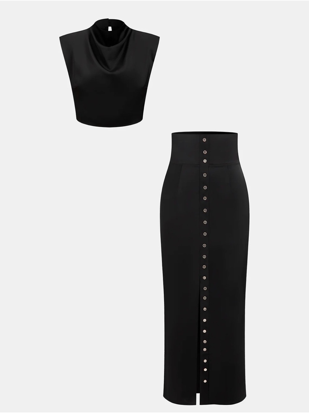 Commense Black Cowl Crop Top and High-Waist Button Front Skirt Set